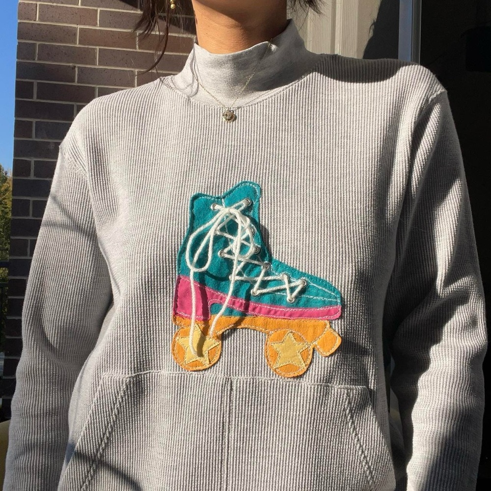 Interactive Roller Skater Girl Gray Waffle Knit Sweater